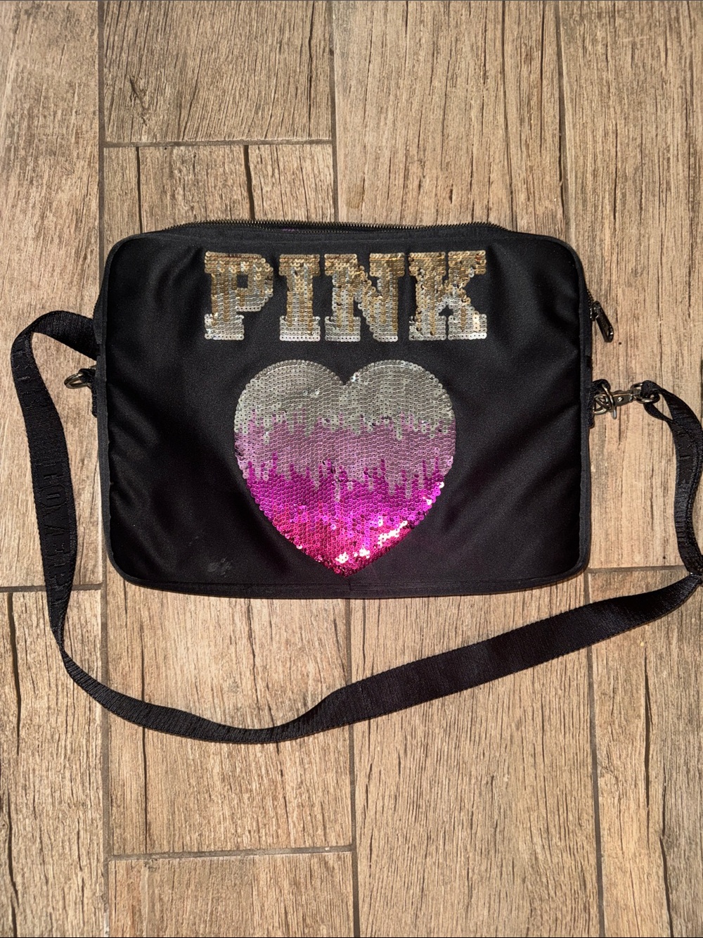 Vintage PINK Sequin Heart Crossbody Laptop Bag - Black with Pink/Silver Sequins